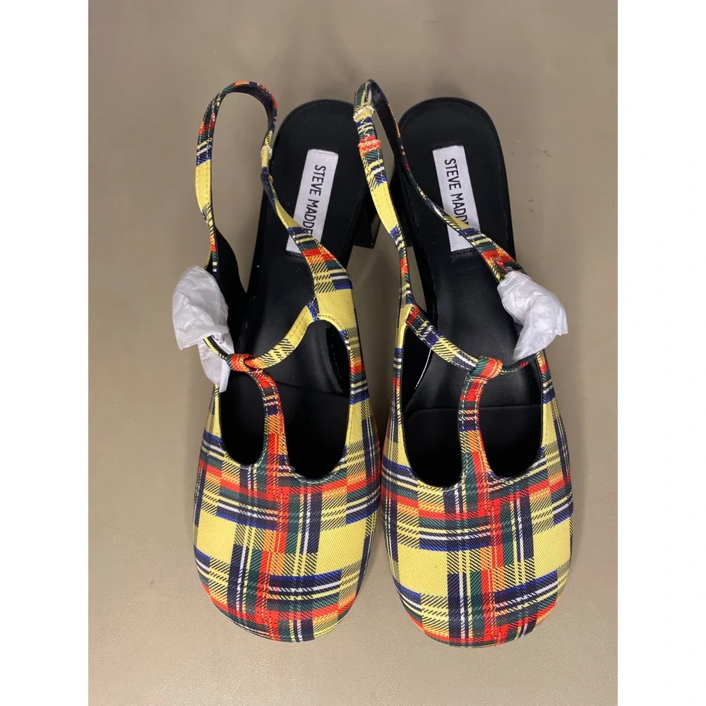 New Steve Madden Yellow Plaid Block Heel Slingback Pumps Mules 10 Punk Preppy